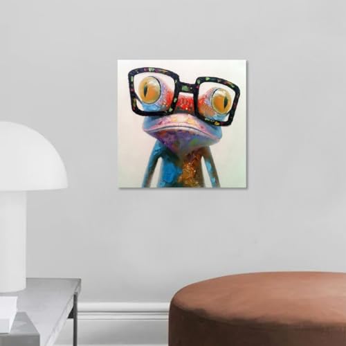 Hand Painted Oil Painting Pop Cute Frog with Glasses on Canvas Wall Art Framed Ready to Hang