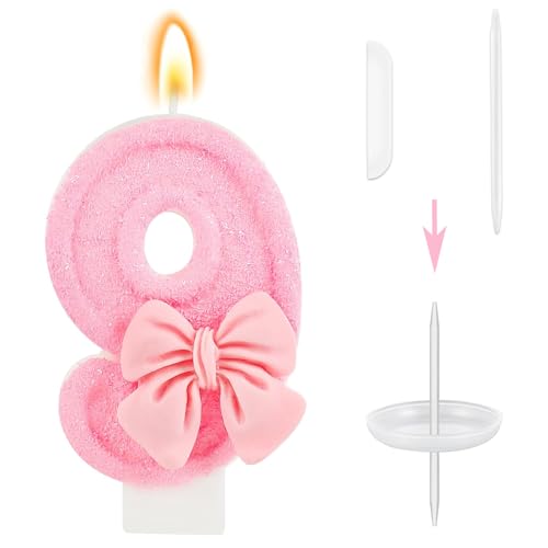 Pink Bow Number 9 Birthday Candles, Cake Topper Cupcake Decorations, Unisex Party Supplies for Girls Boys Women Anniversary Celebrations