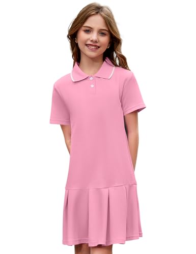 COZYPOIN Girls Polo Dress Short Sleeve Ruffle Pleated School Uniform Summer Casual Active Dropwaist Dresses(Pink-M)