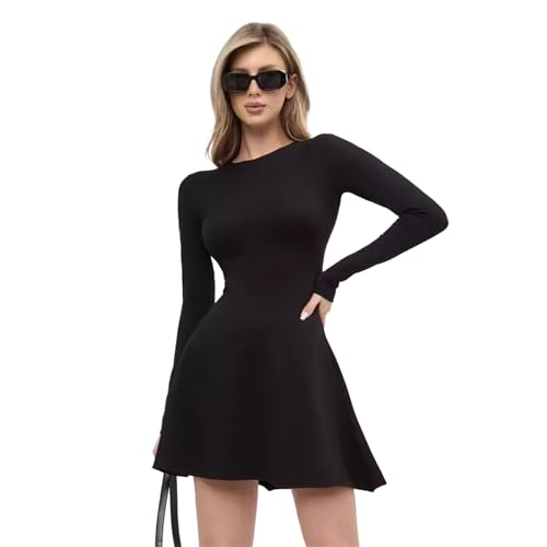 Hanaoops Womens Long Sleeve Dress Crew Neck Bodycon Swing Dresses Plain Tunic Jersey Flared Dress Casual Party Mini Dresses Knee Length Black