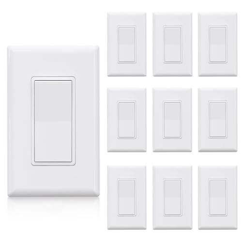ELEGRP Single Pole Decors Light Switch with Screwless Plate, 15A 120-277V, Paddle Rocker Switch Replacement, On/Off Wall Switch, Self-Grounding, Residential Grade, UL/CUL (10 Pack, Glossy White)