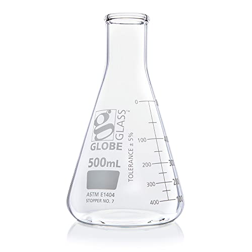 Erlenmeyer Flask, Globe Glass, 500Ml, Narrow Mouth, Dual Graduations, 3.3 Borosilicate Glass, Astm E1404, 6/Box #TOP22