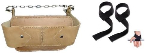 Dipping Dip Belt NATURAL Leather With Chain & Weight Lifting Straps 1 Pair