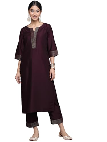 Image of Libas Gerua Yoke Design Silk Blend Straight Kurta with Trousers Burgundy