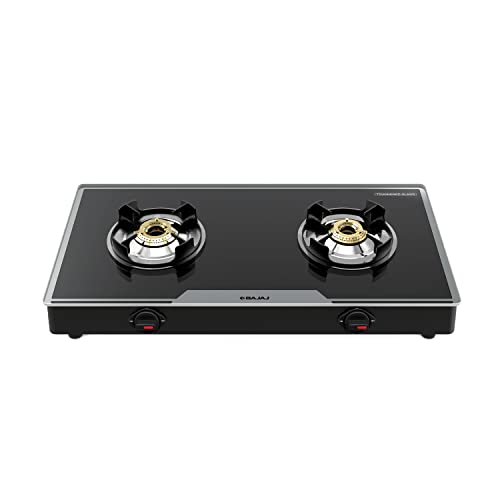 Bajaj 2Brgp7 Stainless Steel Glass Top Gas Stove with 2 Brass Burners, Isi Certified, Anti-Viral & Anti-Bacterial Coating, Black, Regular, Open