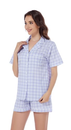 Image of LUBOT 100% Cotton Pajamas for Women 2 Piece PJ Set Poplin Woven Lightweight Ladies Button Short Sleeve Sleepwear S-XXL