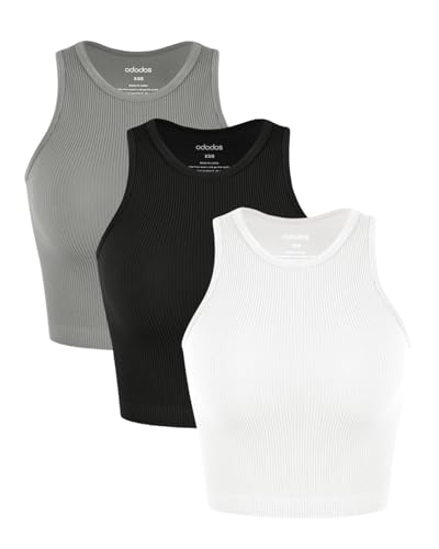 Image of ODODOS 3-Pack Seamless Crop Tank for Women Ribbed Soft High Neck Cropped Tops