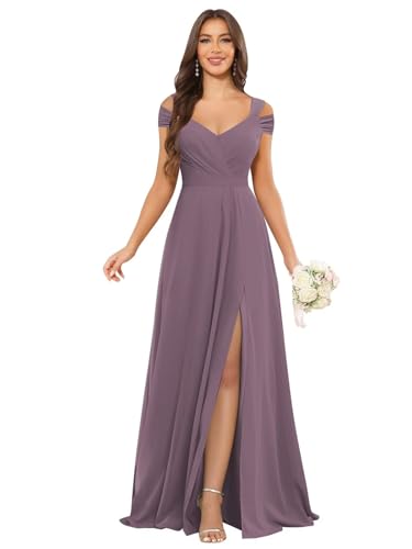 Image of petyoo Off Shoulder Chiffon Bridesmaid Dresses with Slit Long Formal Evening Dress
