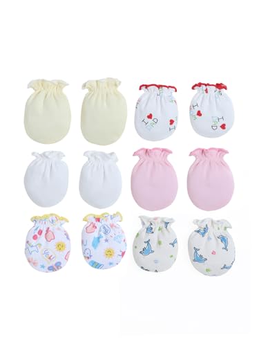 Image of Baby Eli Cotton Newborn Mittens (Picot Wrist) Set of 6 for Baby Boys & Girls 0-6 Months | Soft and Cozy Unisex Infant Gloves | Assorted Baby Hand Gloves | Adjustable Scratch Protection