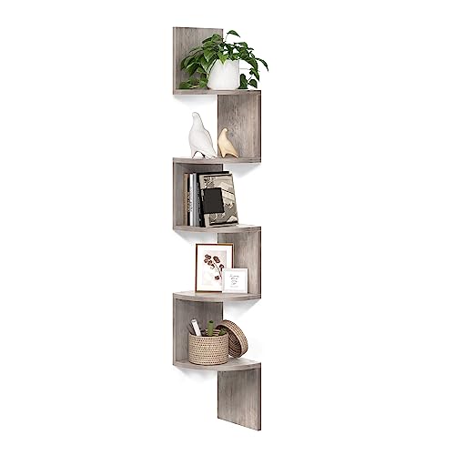 Image of VASAGLE CUSTOS Collection - Corner Shelf Wall Mount, 5-Tier Floating Corner Bookshelf, Plant Shelf for Bedroom, Living Room, Bathroom, Home Office, Greige ULBC072M01