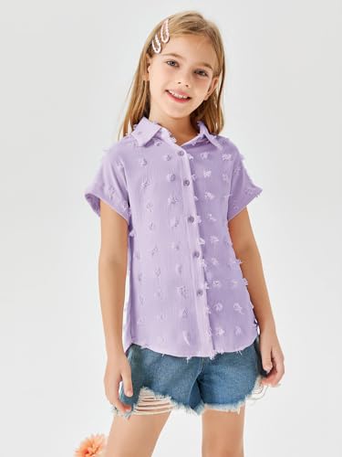 Image of Haloumoning Girls Button Down Shirts Short Sleeve Kids Casual Chiffon Blouse Summer Tops T-Shirt