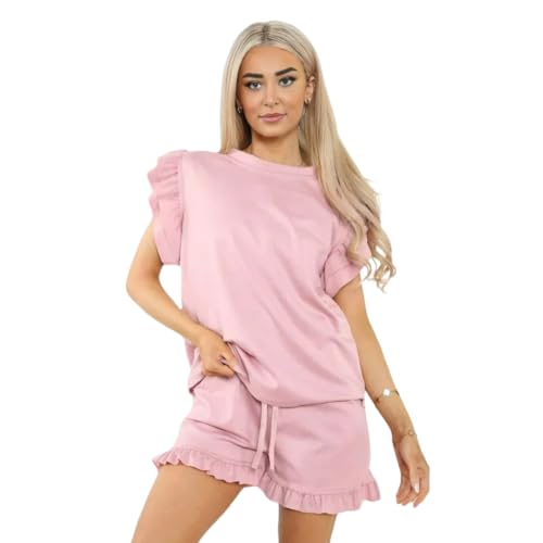 HUBIBUBI Ladies Frill Peplum Short and Top Set Stylish Comfortable Perfect Summer Co-Ord 2 Piece Longwear Tracksuit Ladies Shorts 2PCS Co ord Set Tracksuit UK