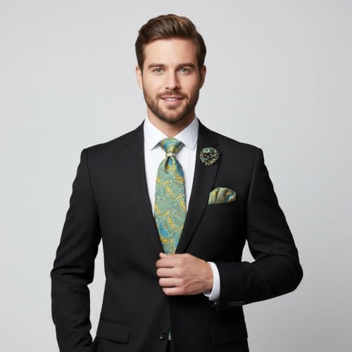 Image of 5PCS Tie and Pocket Square for Men, Silk Necktie and Handkerchief Cufflinks with Gold Ring and Lapel Pin Set