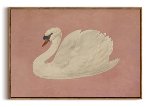Image of KISSFOX Framed Wall Art Vintage Wall Decor Pink Swan Pictures Retro Animal Canvas Art Rustic Aesthetic Paintings Farmhouse Artwork For Bedroom Living Room Kitchen