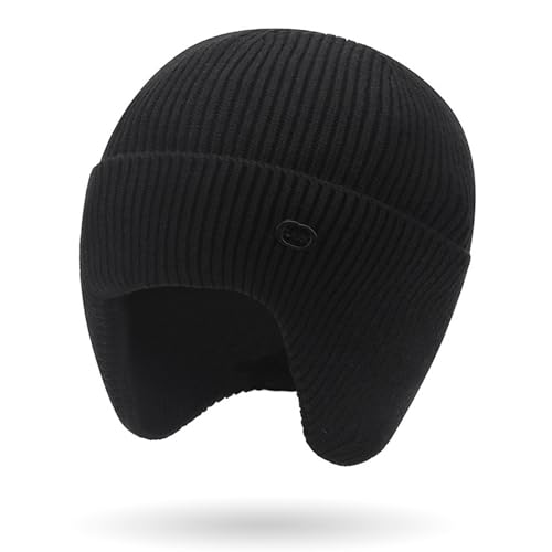 Fjquamitix Beanie Hat Men with Earflaps Winter Thermal Knitted Caps for Men Women Soft Windproof Warm Stretchy Skull Hats for Outdoor Skiing Hiking Travel Daily Wear (One Size Black)