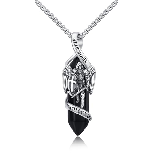Collier Archange Michael en argent sterling 925 Saint Michel avec cristal de guérison Guerrier Protégez-nous Amulette Bijoux Cadeau pour hommes et femmes 50 + 5 cm, 43*14 MM, Argent sterling, Pas de