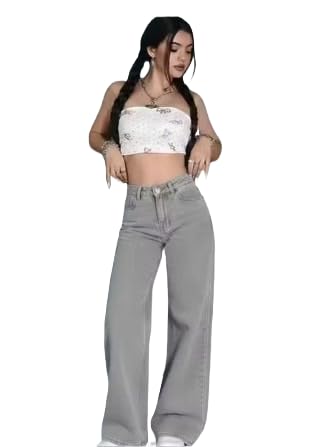 Kashianxstyle Retro Wide Leg Jeans Full Length Casual Fashion Wear (in, Numeric, 34, Regular, Grey)