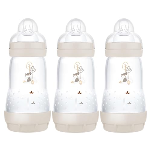 MAM Easy Start Self Sterilising Anti-Colic Bottle Pack of 3 (3 x 260 ml), MAM Baby Bottles with Medium Flow Teats, Essentials for Baby Feeding, Ivory (Designs...