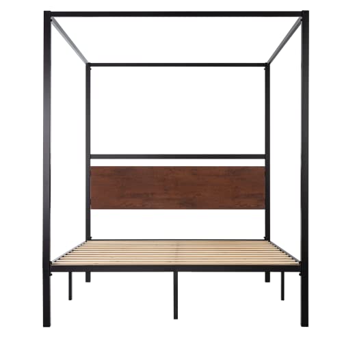 Ikalido Queen Size Metal Canopy Bed Frame With Wooden Headboard, Classic Design Canopy Bed With 4 Sturdy Posters, Noise Free/No Box Spring Needed/Sandalwood Brown #TOP6