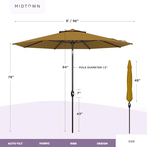 Image of Midtown Umbrellas 10-Year-No-Fade - 8 Ft - UV Proof Sand (Tan) Polyester Fabric - Umbrella Outdoor Patio, Auto-Tilt Aluminum Frame Patio Umbrella for Garden, Pool & Deck - Black Pole