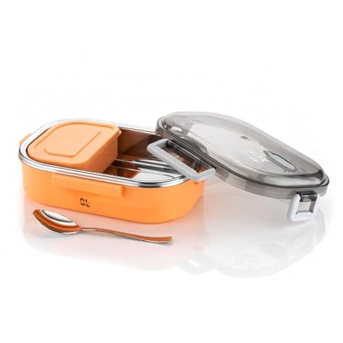 Image of Stainless Steel Outer Lunch Box with Inner Plastic Body | Leak Proof Compartment Tiffin Box with Stainless Steel Spoon & 1 Plastic Box | Lock Mechanism for Kids & Adults Office School Use