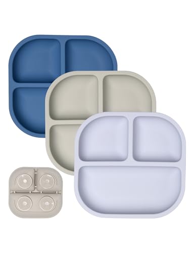 Image of BABELIO Powerful Suction Plates for Baby and Toddler, 100% Food Grand Silicone, Divided, BPA Free, Microwave & Dishwasher Safe, Stay Put, 3 Pack