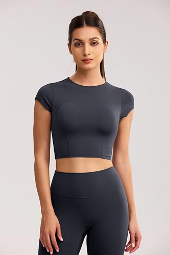Image of ENERBLOOM Workout Crop Tops for Women Yoga Short Sleeve Mild Support Slim Fit Cropped Athletic Shirts Gym Tee Built in Bra