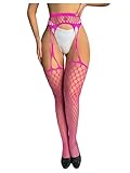 WDIRARA Women's Fishnet Stockings Garter Mesh Sheer High Suspender Pantyhose Sexy Tights Hot Pink One-Size