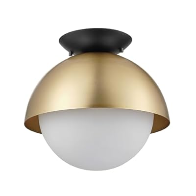 Globe Electric Oswald 1-Light Flush Mount, Matte Brass, Matte Black Accent Canopy, Frosted Glass Shade, Bulb Not Included
