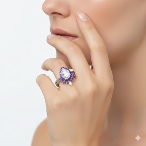 Image of 55Carat Choose Your Gemstone Bezel Pear Shape Halo CZ Diamond CZ Ring Sterling Silver Pear Shape Wedding Ring Sets Ornaments Surprise for Wife Symbol of Love Clarity Comfortable US Size 4 to 12
