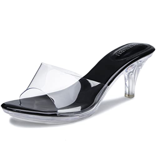 Image of NBUUNBU Clear Heels for Women Silver Black Heels Little Platform Sexy High Heels Sandals Stiletto Kitten Open Toe Dress Shoes Comfortable Double Transparent Strap Heeled Sandals Mule