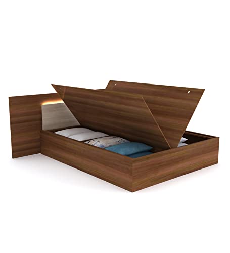 Image of King Size Engineered Wood Platform Bed with LED Fitted Headboard and Storage (Brown /Walnut) (Without Side Table)
