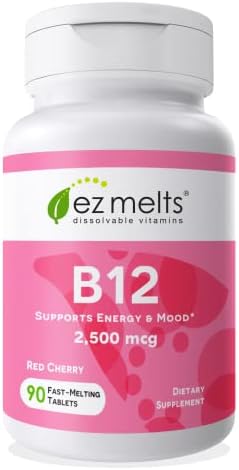 EZ Melts Dissolvable Vitamin B 12 Supplements for Improved Intake - Bioactive B 12 Vitamin to Help Overall Wellbeing - Zero Sugar B12 Vitamins - Vegan Vitamin B12 Tablets - Cherry Flavor - 90 Ct