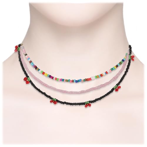 JEYORZY 3 pcs Collares Mujer de Cuentas de Colores, Estilo Bohemio, Gargantillas Mujer de Bolitas, estilo Hippies Aesthetic Boho Collar Hippie Mujer Collares Colores Mujer Collares de la amistad