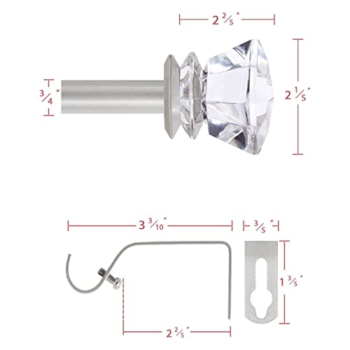 H.versailtex Window Curtain Rods For Windows 48 To 84 Inches Adjustable Decorative 3/4 Inch Diameter Standard Single Window Curtain Rod Set With Acrylic Diamond Finials, Nickel #TOP4