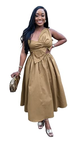 Image of YUEWOO Midi Dresses for Women Casual Summer Sundresses Vacation Outfits Spaghetti Strap Smocked Women Maxi Dress with Pockets
