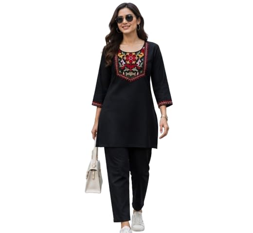 Women's Black Embroidered Tunic and Wide-Leg Pants Co-ord Set-image-1