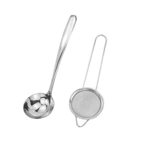 Cuchara de sopa de acero inoxidable, cuchara de servir para salsas, cucharón pequeño, 20.9 cm, con 1 colador pequeño, cuchara para salsa, cuchara para servir, para cocina