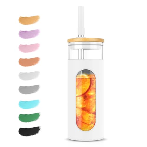 Tronco 20 oz Glass Tumbler with Lid and Straw, Borosilicate Glass Iced Coffee Cup with Bamboo Lid & Silicone Sleeve, Reusable Smoothie & Boba Cup, BPA-Free, Dishwasher Safe – 1 Pack