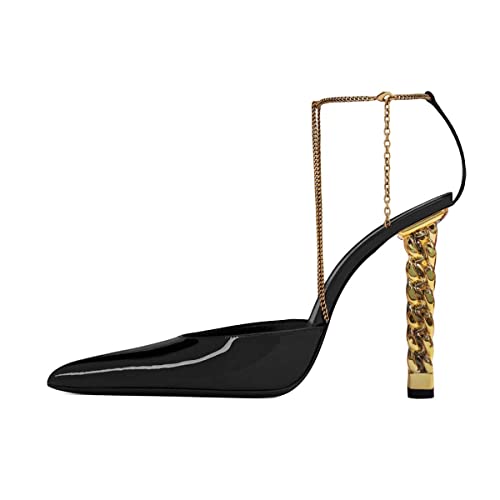 XYD Women Chic Pumps with Ankle Chain Strap Pointed Toe Patent Leather Block Metal Golden High Heels Cocktail Formal Party Sandals Shoes2