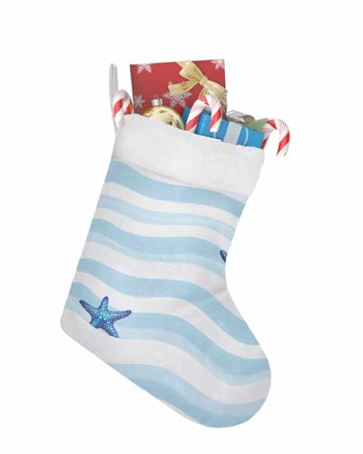 Lsrtoss Christmas Stockings, Blue White Striped Xmas Tree Faux Fur Christmas Stocking, Starfish Coastal Waves Hanging Ornaments Stockings for Christmas Holiday Party Decorations 18'x12'