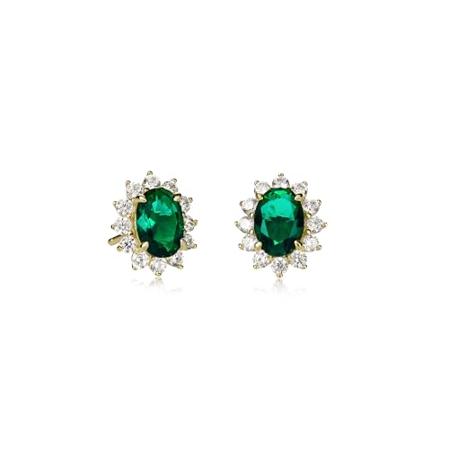 Diamond Treats Gold Plated 925 Sterling Silver Green Stud Earrings for Women, Gold Earrings for Women with Oval Emerald Green Stones