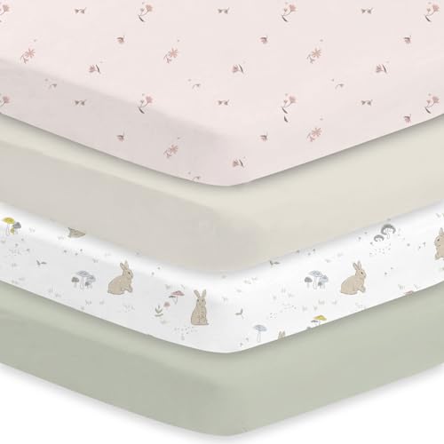 Image of Little Grape Land Crib Sheets 4 Pack for Boys and Girls, Baby Neutral Crib Fitted Sheets for Standard Crib & Toddler Mattress, Super Soft Breathable Fitted Crib Sheet Set (Fog Flower & Fern)