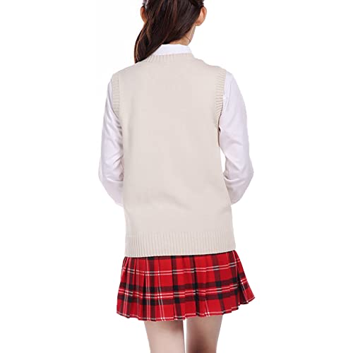 Blostirno Women’s Sweater Vest V Neck JK Uniform Kint Vests Solid Classic Sleeveless Pullover Sweaters Tops(Apricot L) - Thumbnail 4
