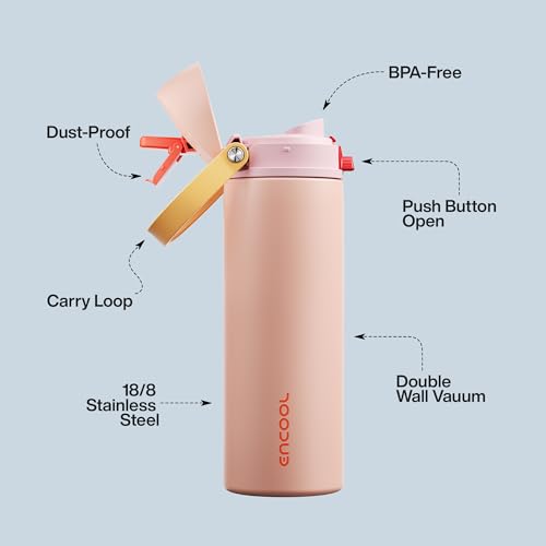 Image of Insulated Water Bottle with Straw - Encool Stainless Steel Water Bottle with Push Button Lid, Leak-Proof & BPA-Free, Keeps Cold for 24 Hours for Sports, Travel, Gym (24 oz, Pink Daisy-Red)