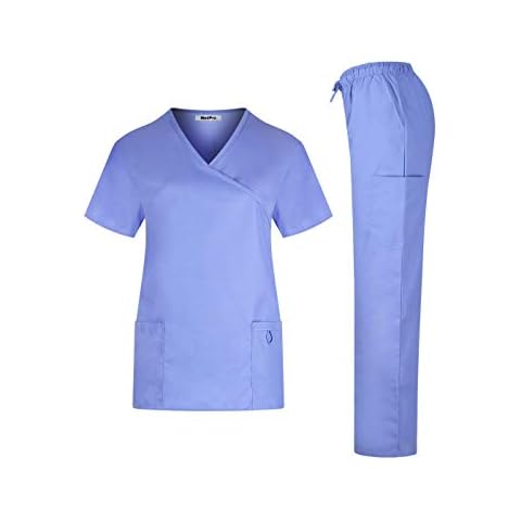 MedPro Women's Solid Medical Scrub Set Tie Back Wrap Top and Pants Ceil Blue XL Cover