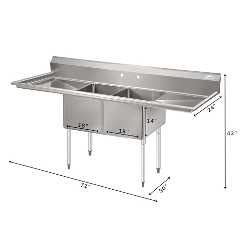 Image of KoolMore 72 in. 18-Gauge 2-Compartment Commercial Sink with Backsplash and Dual 18 in. Drainboards, Bowl Dimensions 18 inchx18 inchx14 inch in Stainless-Steel (KM-SB181814-18B3)