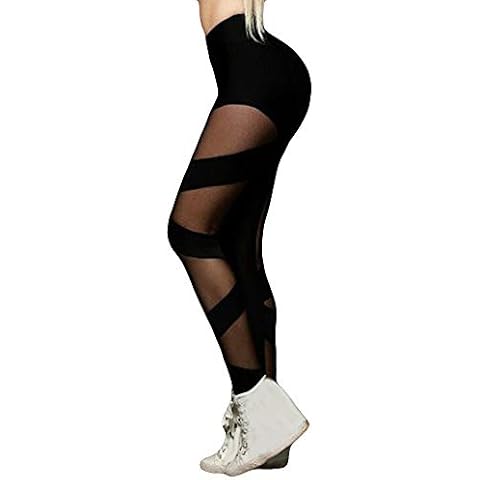 ADESHOP Workout Running Leggings with Pockets, Women Fashion High Elasticity Spliced Grenadine Leggings Gym Active Pants (L, Black) Cover