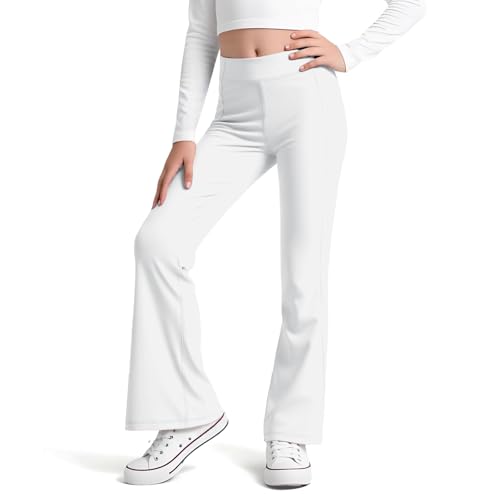 Domueay Leggings Deportivos para Niñas, Elástico Cómodo Mallas de Bootcut, Cintura Alta Casual Acampanados Pantalón Legging Infantiles Baile Escolar Deportiva Ropa para 11-12 años, Blanco