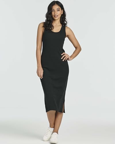 Image of Real Essentials 3 Pack: Women's Ribbed Knit Sleeveless Crew Neck Tank Casual Midi Shift Dress with Slit